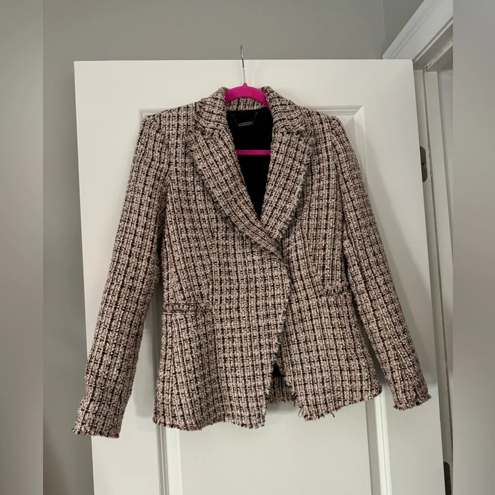 Elie Tahari Jezebel Tweed Frayed Trim Plaid Jacket Size 2 - Picture 6 of 10